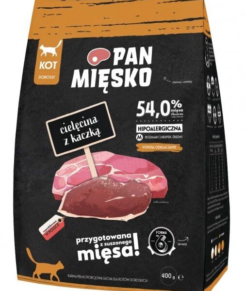 Pan Mięsko Karma sucha dla kota - cielęcina i kaczka chrupki M 400g